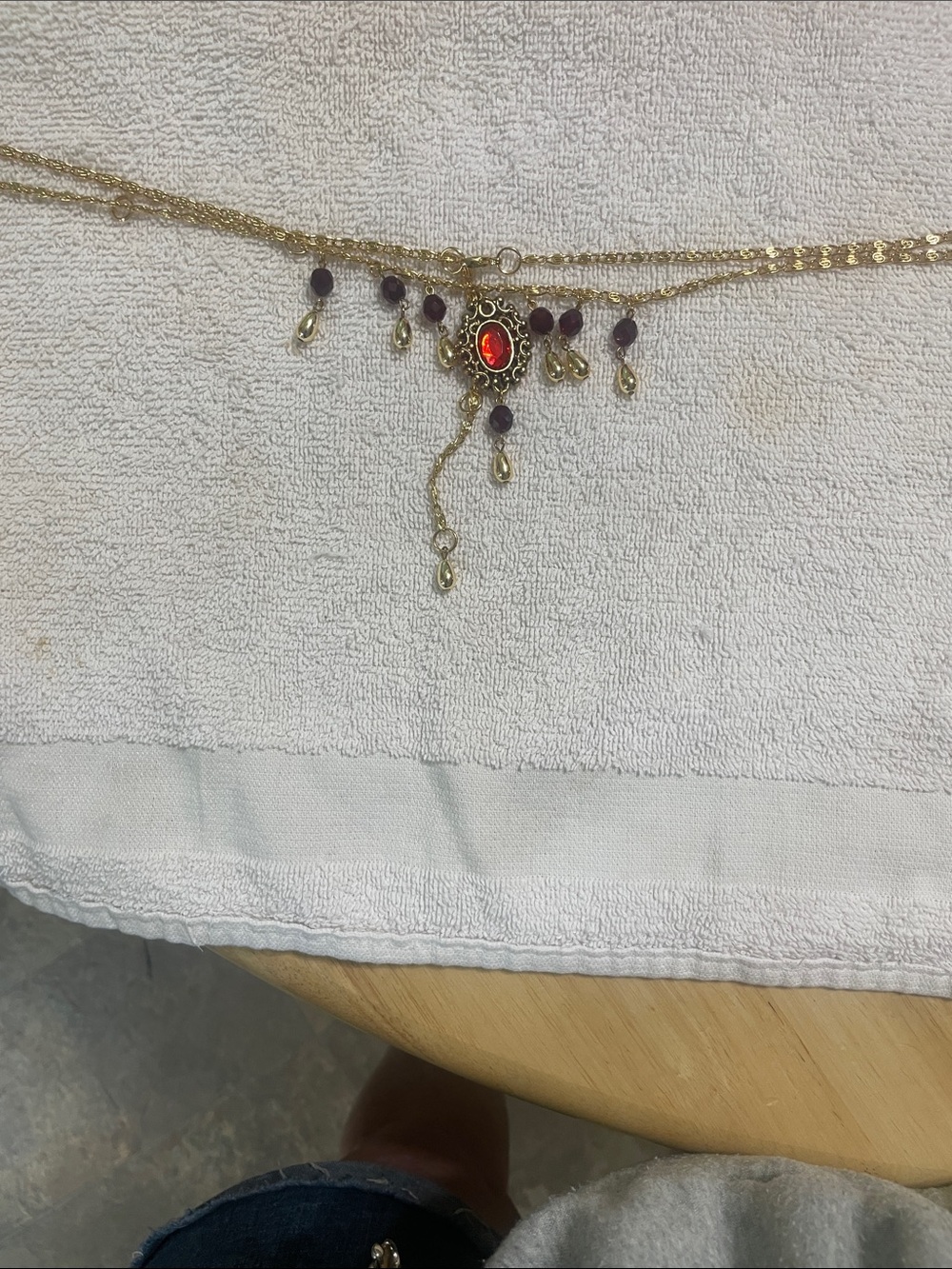 Gold-Tone  Belly Necklace with Red Center and Purple Bead Drops